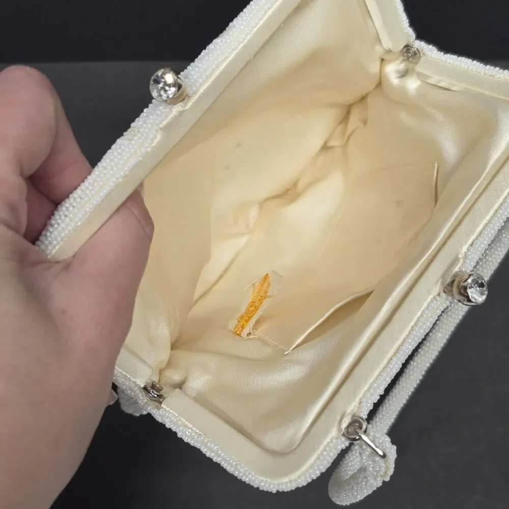 Vintage Debbie Ivory Beaded Purse Handmade In Japan Rhinestone Kisslock Wedding